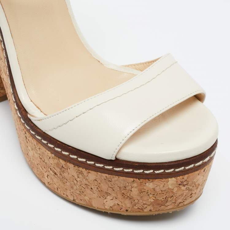 Pre Owned Jimmy Choo Off White Leather Nemesis Cork Platform Sandals Size 38