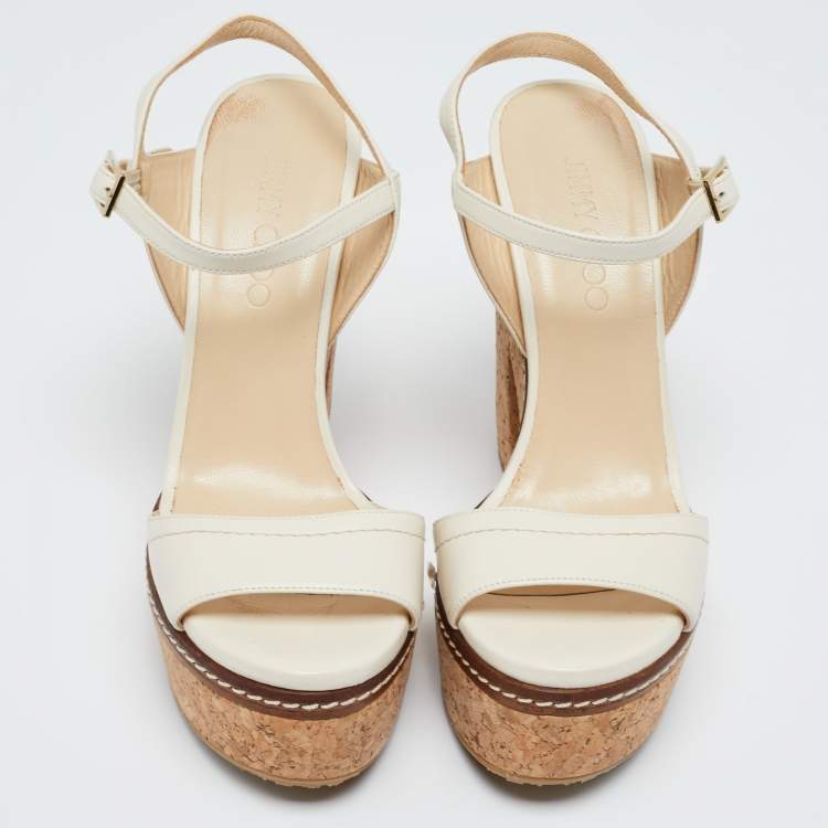 Pre Owned Jimmy Choo Off White Leather Nemesis Cork Platform Sandals Size 38