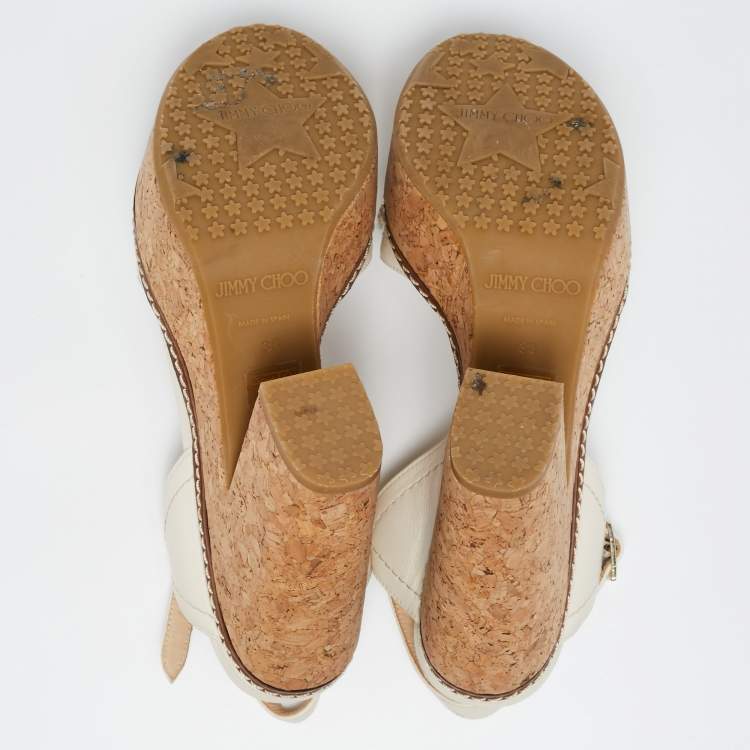 Pre Owned Jimmy Choo Off White Leather Nemesis Cork Platform Sandals Size 38