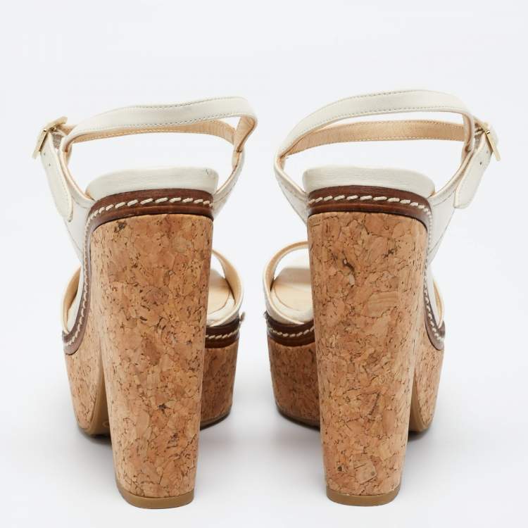 Pre Owned Jimmy Choo Off White Leather Nemesis Cork Platform Sandals Size 38