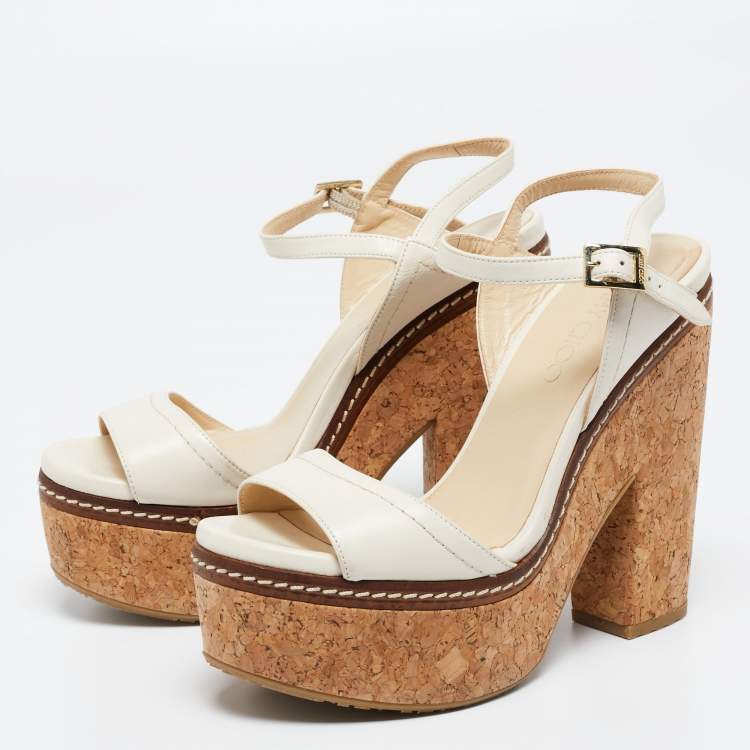 Pre Owned Jimmy Choo Off White Leather Nemesis Cork Platform Sandals Size 38