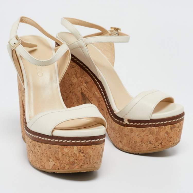 Pre Owned Jimmy Choo Off White Leather Nemesis Cork Platform Sandals Size 38