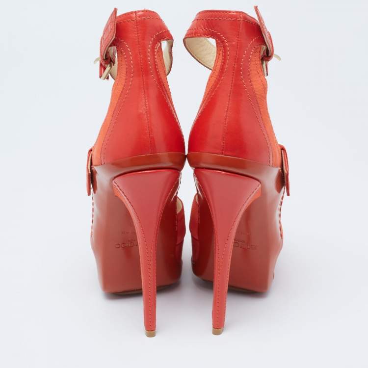 Pre Owned Jimmy Choo Orange Leather And Nubuck Platform Peep Toe Sandals Size 38