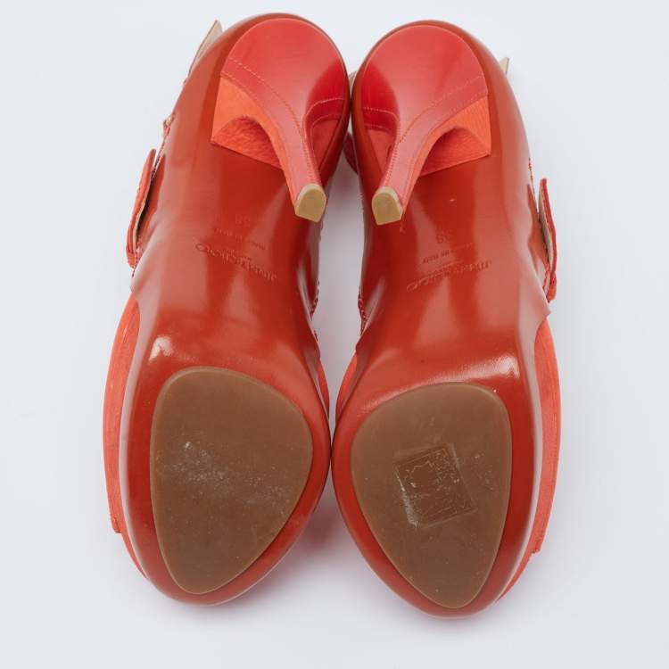 Pre Owned Jimmy Choo Orange Leather And Nubuck Platform Peep Toe Sandals Size 38
