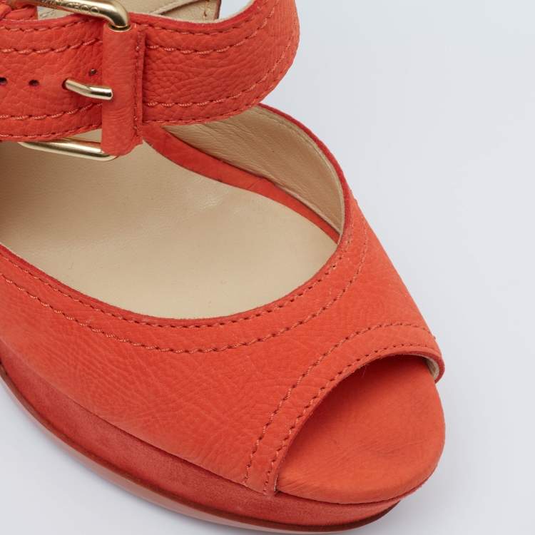 Pre Owned Jimmy Choo Orange Leather And Nubuck Platform Peep Toe Sandals Size 38