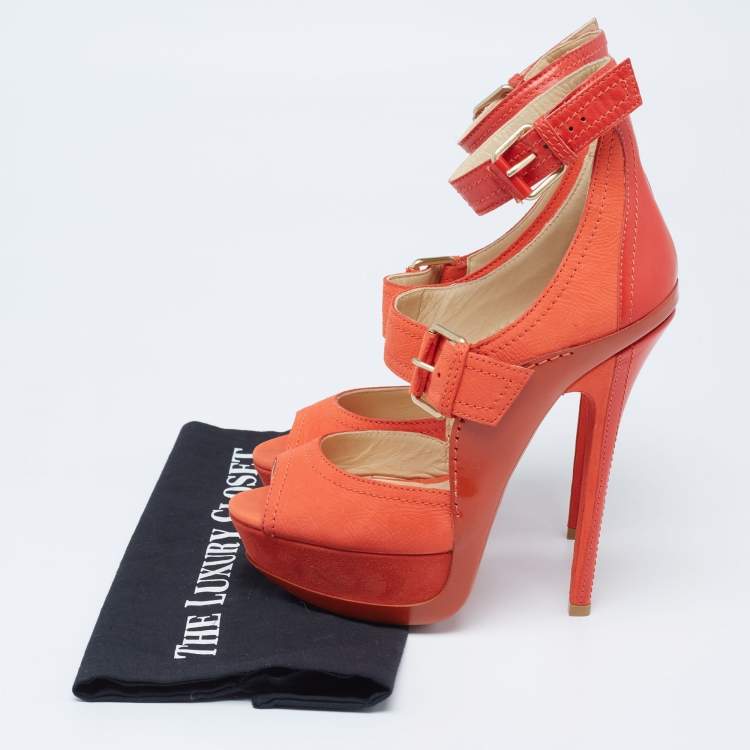 Pre Owned Jimmy Choo Orange Leather And Nubuck Platform Peep Toe Sandals Size 38