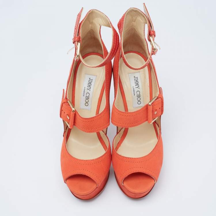 Pre Owned Jimmy Choo Orange Leather And Nubuck Platform Peep Toe Sandals Size 38