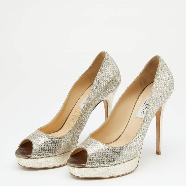 Pre Owned Jimmy Choo Metallic Silver/Gold Lamé Fabric And Glitter Dahlia Platform Pumps Size 40