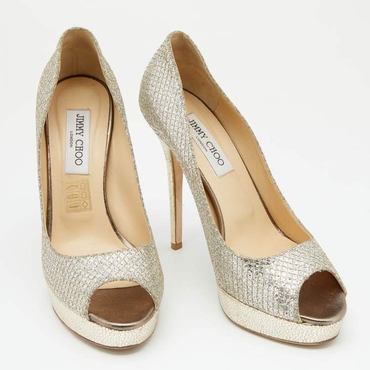 Pre Owned Jimmy Choo Metallic Silver/Gold Lamé Fabric And Glitter Dahlia Platform Pumps Size 40