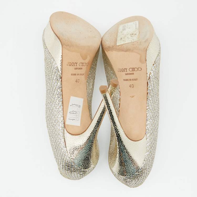 Pre Owned Jimmy Choo Metallic Silver/Gold Lamé Fabric And Glitter Dahlia Platform Pumps Size 40