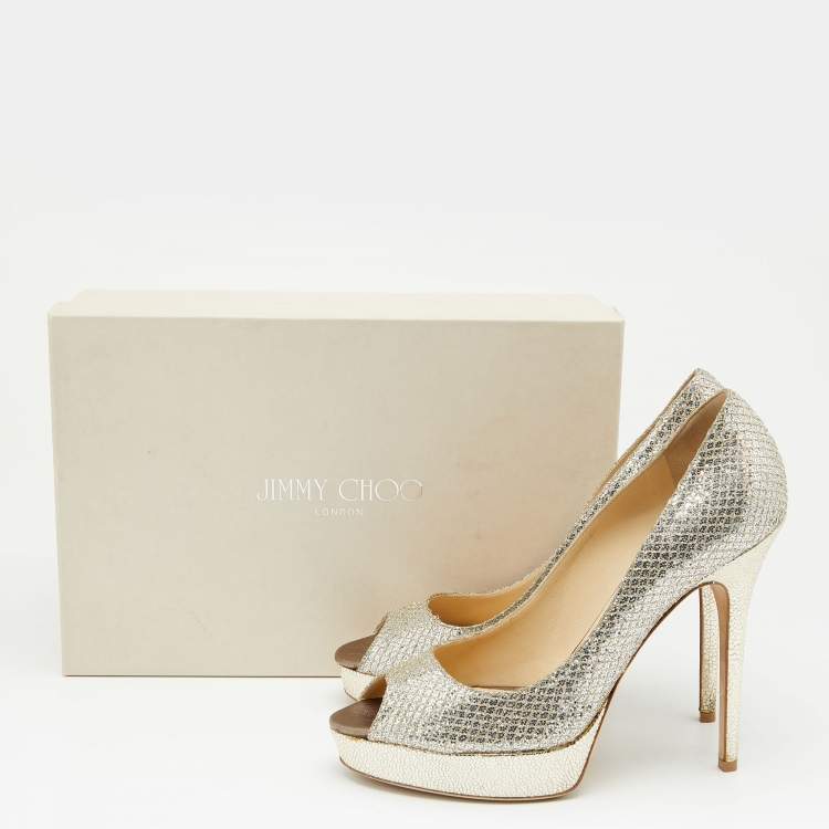 Pre Owned Jimmy Choo Metallic Silver/Gold Lamé Fabric And Glitter Dahlia Platform Pumps Size 40