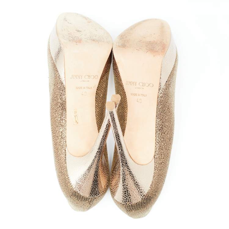 Pre Owned Jimmy Choo Gold Glitter Fabric And Embossed Leather Eros Platform Pumps Size 40