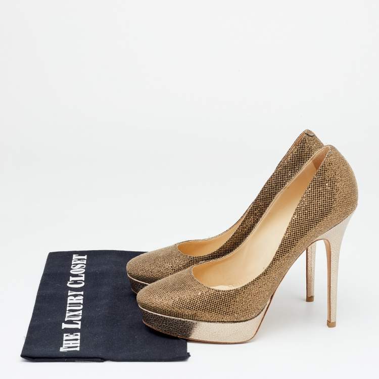 Pre Owned Jimmy Choo Gold Glitter Fabric And Embossed Leather Eros Platform Pumps Size 40
