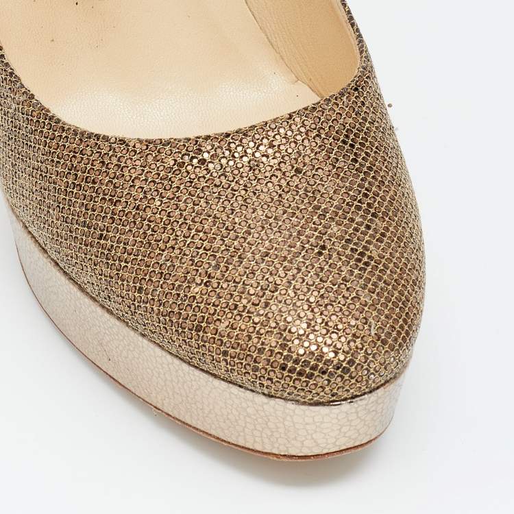Pre Owned Jimmy Choo Gold Glitter Fabric And Embossed Leather Eros Platform Pumps Size 40