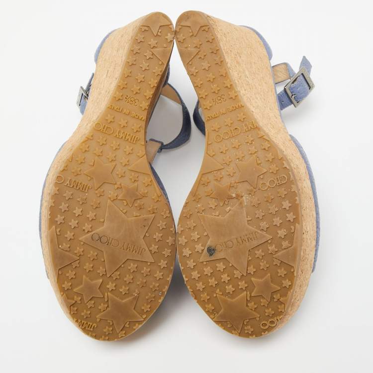 Pre Owned Jimmy Choo Blue Leather Cork Wedge Platform Slingback Sandals Size 38.5