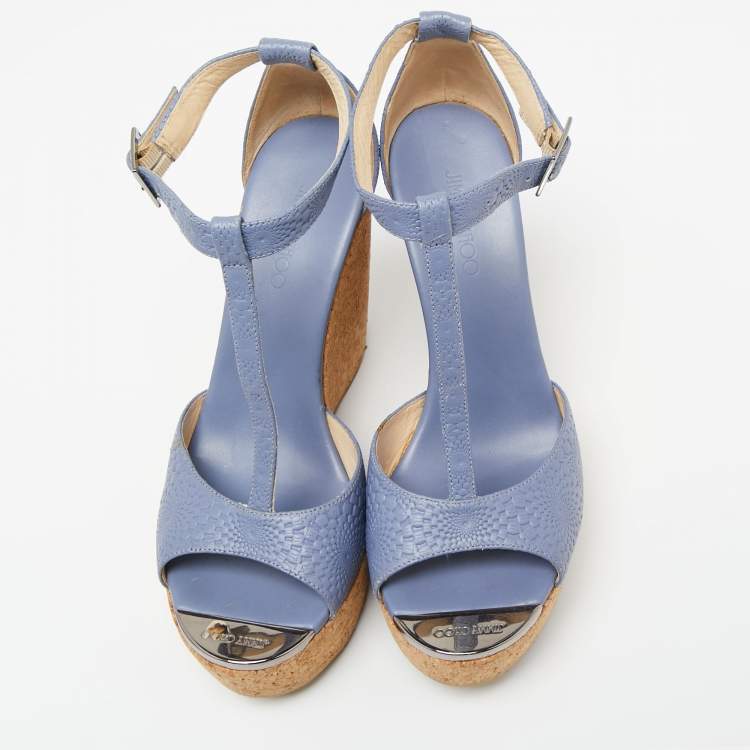 Pre Owned Jimmy Choo Blue Leather Cork Wedge Platform Slingback Sandals Size 38.5