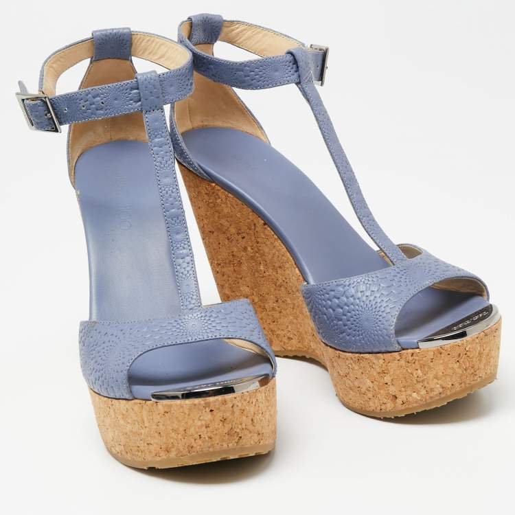 Pre Owned Jimmy Choo Blue Leather Cork Wedge Platform Slingback Sandals Size 38.5