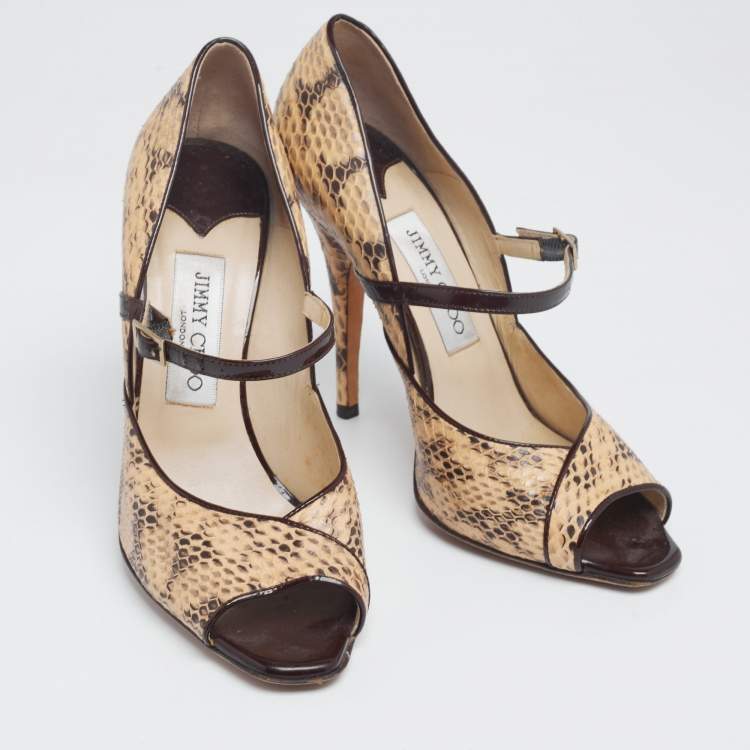 Pre Owned Jimmy Choo Beige/Black Python Leather Mary Jane Peep Toe Pumps Size 38.5