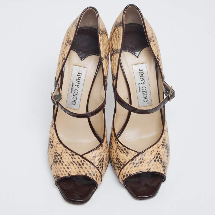Pre Owned Jimmy Choo Beige/Black Python Leather Mary Jane Peep Toe Pumps Size 38.5