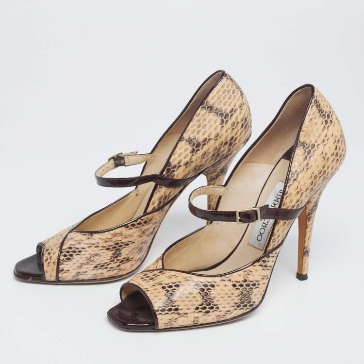 Pre Owned Jimmy Choo Beige/Black Python Leather Mary Jane Peep Toe Pumps Size 38.5