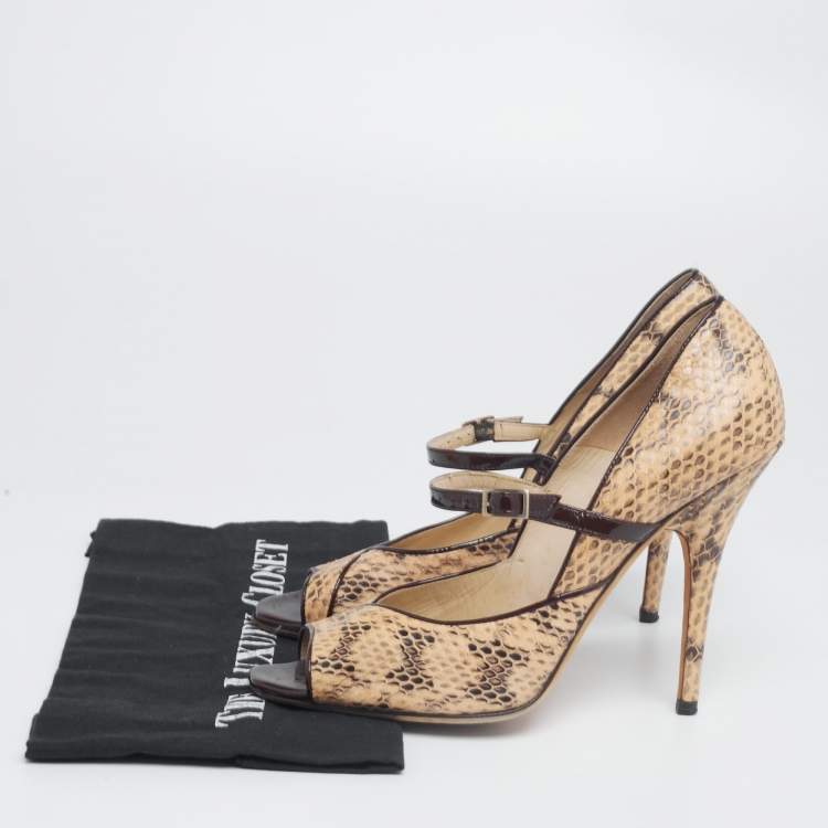 Pre Owned Jimmy Choo Beige/Black Python Leather Mary Jane Peep Toe Pumps Size 38.5