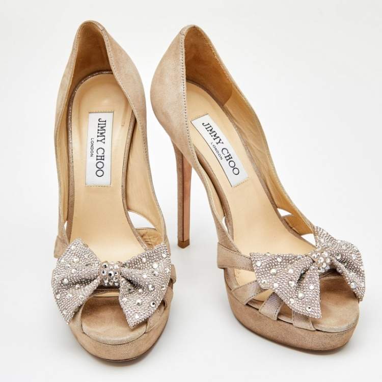 Pre Owned Jimmy Choo Beige Suede Talva Crystal Embellished Bow Peep Toe Platform Pumps Size 37