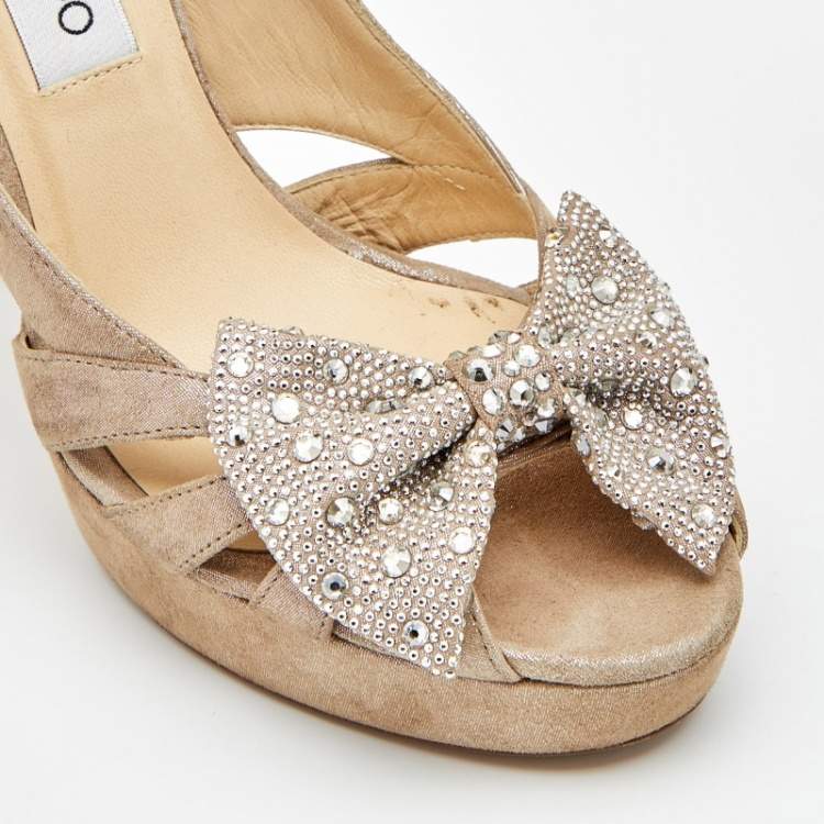 Pre Owned Jimmy Choo Beige Suede Talva Crystal Embellished Bow Peep Toe Platform Pumps Size 37