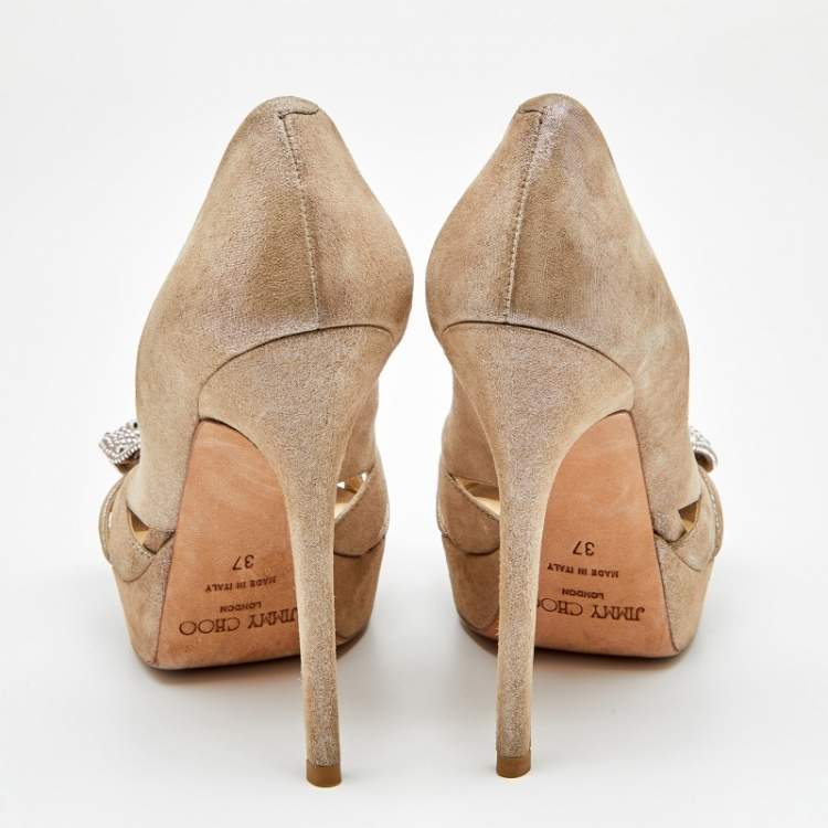 Pre Owned Jimmy Choo Beige Suede Talva Crystal Embellished Bow Peep Toe Platform Pumps Size 37