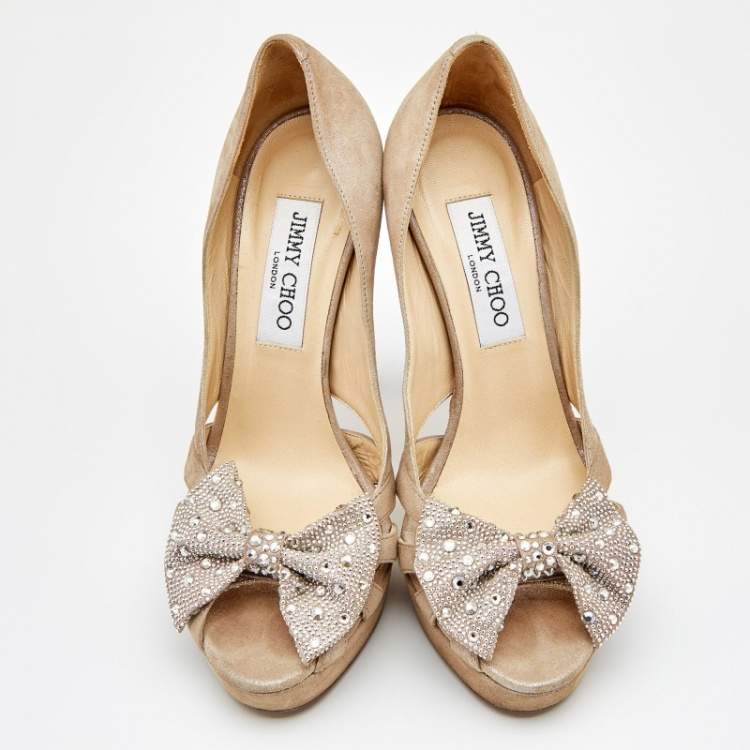 Pre Owned Jimmy Choo Beige Suede Talva Crystal Embellished Bow Peep Toe Platform Pumps Size 37