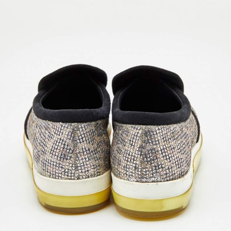 Pre Owned Jimmy Choo Metallic/Black Glitters and Suede Smoking Slippers Size 37.5