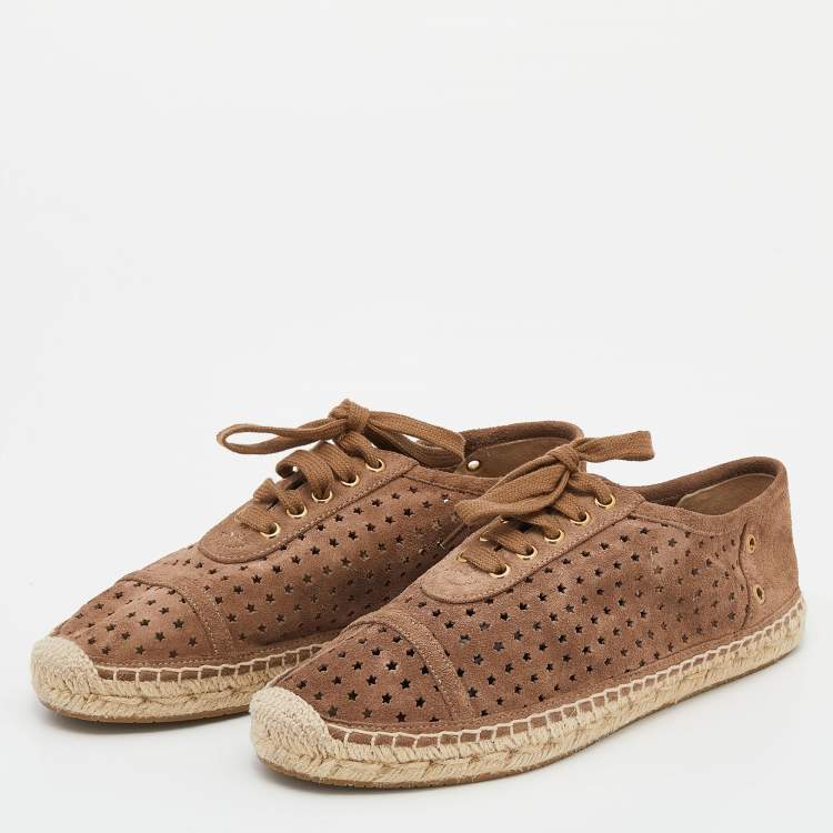 Pre Owned Jimmy Choo Brown Suede Dare Star Perforated Lace Up Espadrille Flats Size 38