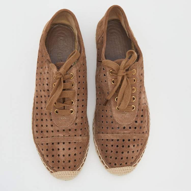 Pre Owned Jimmy Choo Brown Suede Dare Star Perforated Lace Up Espadrille Flats Size 38