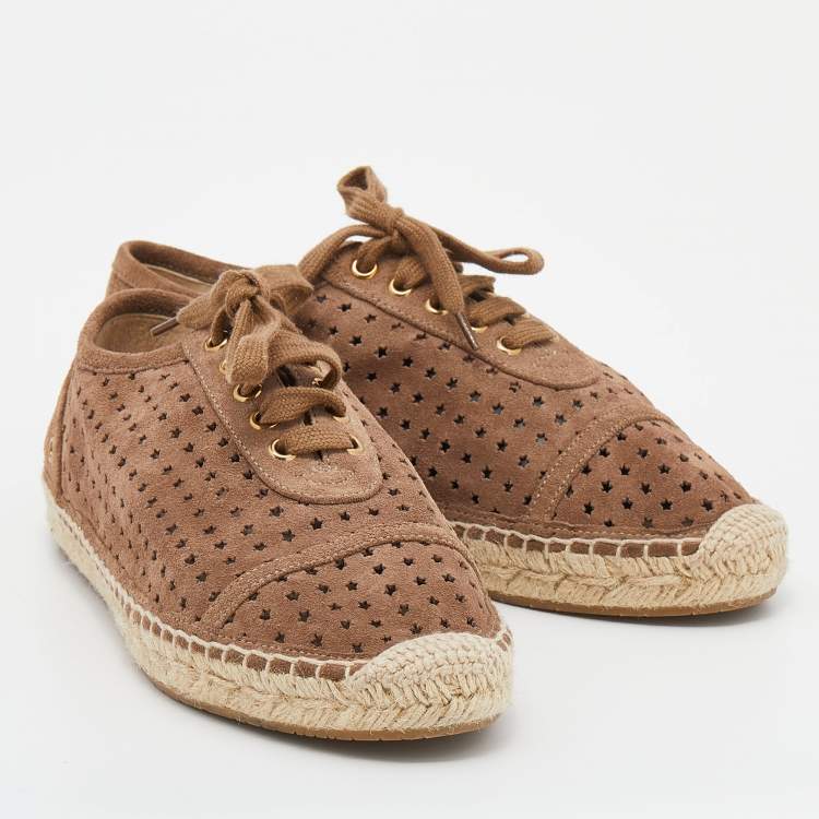 Pre Owned Jimmy Choo Brown Suede Dare Star Perforated Lace Up Espadrille Flats Size 38