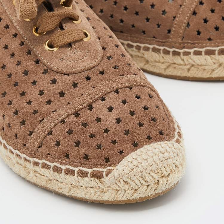 Pre Owned Jimmy Choo Brown Suede Dare Star Perforated Lace Up Espadrille Flats Size 38