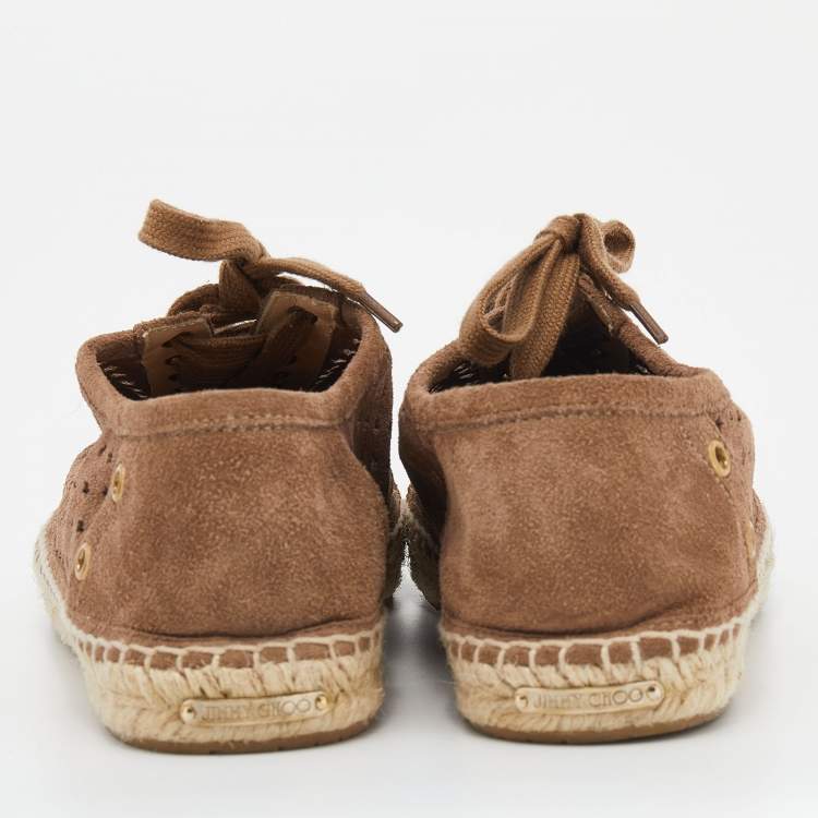 Pre Owned Jimmy Choo Brown Suede Dare Star Perforated Lace Up Espadrille Flats Size 38