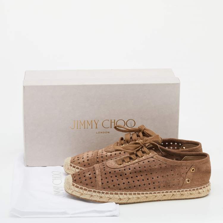 Pre Owned Jimmy Choo Brown Suede Dare Star Perforated Lace Up Espadrille Flats Size 38