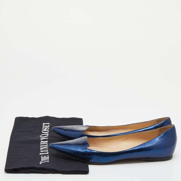 Pre Owned Jimmy Choo Metallic Blue Leather Attila Pointed Toe Ballet Flats Size 37.5