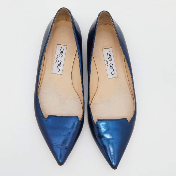 Pre Owned Jimmy Choo Metallic Blue Leather Attila Pointed Toe Ballet Flats Size 37.5