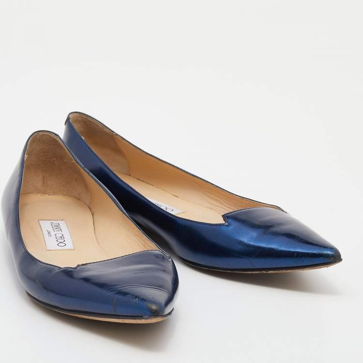 Pre Owned Jimmy Choo Metallic Blue Leather Attila Pointed Toe Ballet Flats Size 37.5