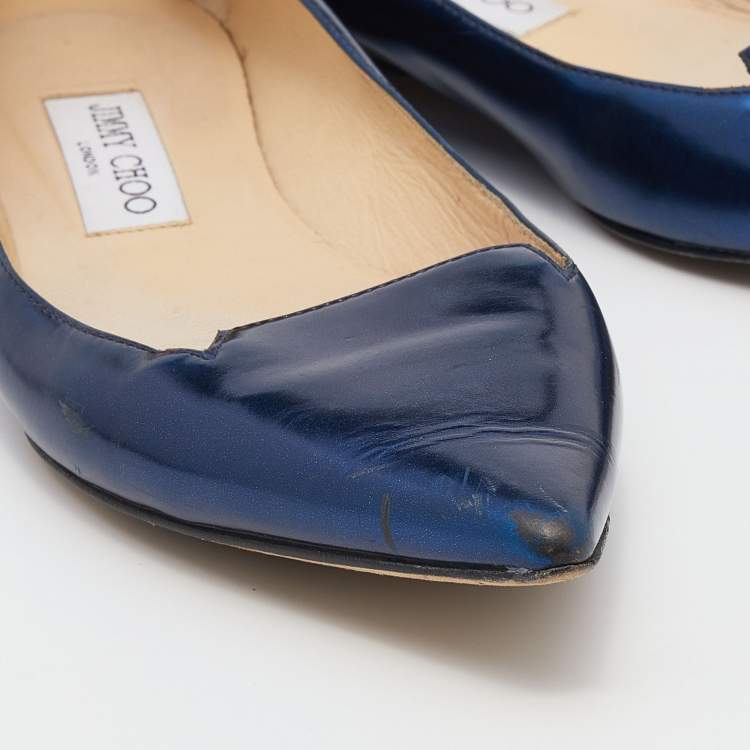 Pre Owned Jimmy Choo Metallic Blue Leather Attila Pointed Toe Ballet Flats Size 37.5