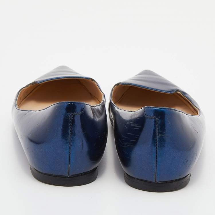 Pre Owned Jimmy Choo Metallic Blue Leather Attila Pointed Toe Ballet Flats Size 37.5