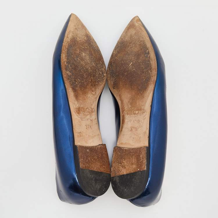 Pre Owned Jimmy Choo Metallic Blue Leather Attila Pointed Toe Ballet Flats Size 37.5
