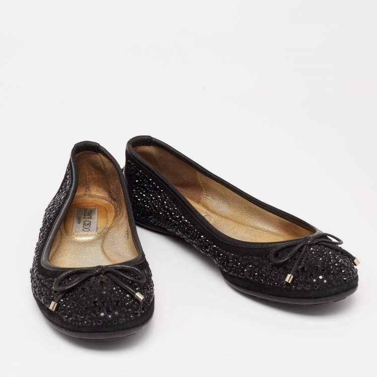 Pre Owned Jimmy Choo Black Crystal Embellished Suede and Leather Weber Ballet Flats Size 35