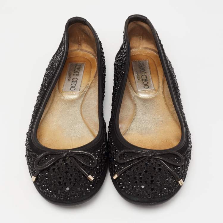 Pre Owned Jimmy Choo Black Crystal Embellished Suede and Leather Weber Ballet Flats Size 35