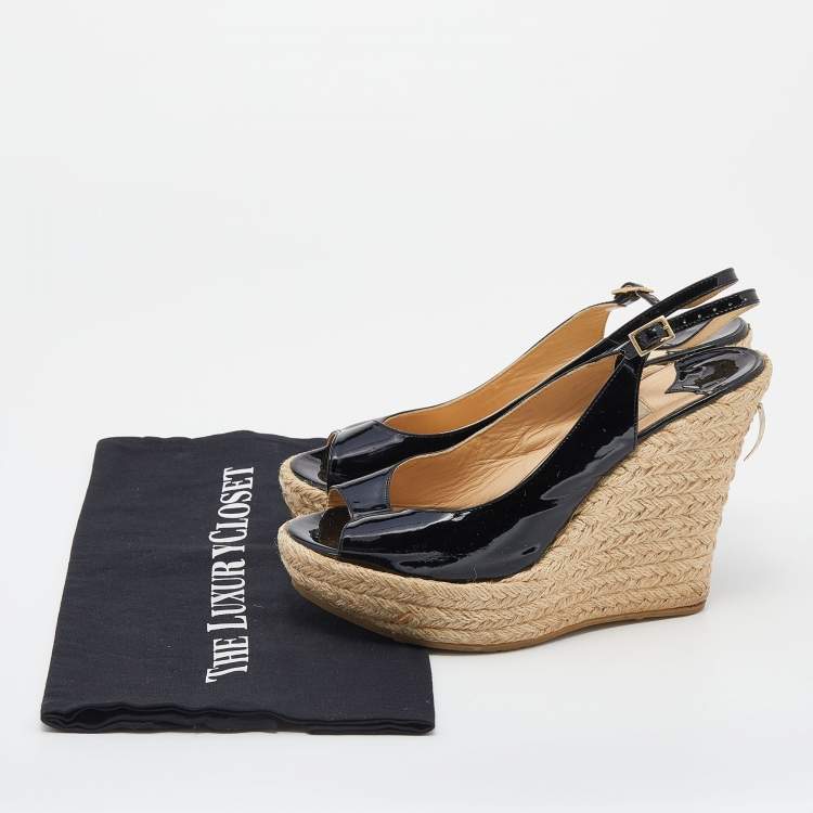 Pre Owned Jimmy Choo Black Patent Leather Polar Slingback Espadrille Wedge Sandals Size 38