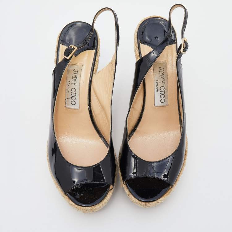 Pre Owned Jimmy Choo Black Patent Leather Polar Slingback Espadrille Wedge Sandals Size 38