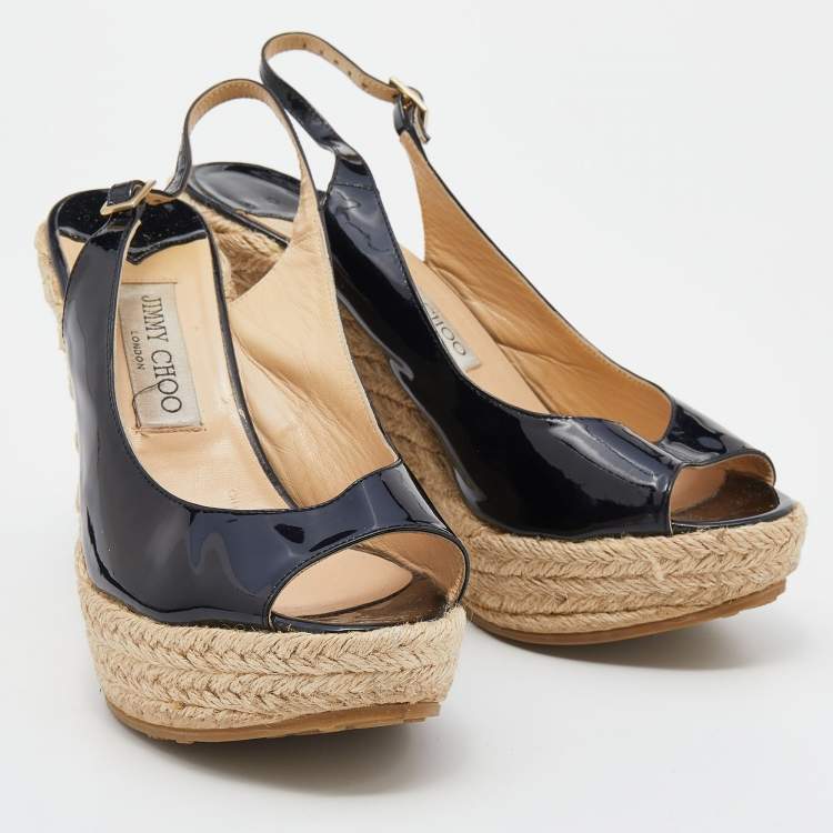 Pre Owned Jimmy Choo Black Patent Leather Polar Slingback Espadrille Wedge Sandals Size 38