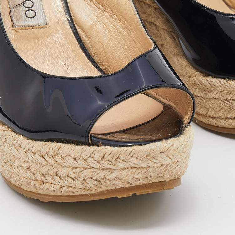 Pre Owned Jimmy Choo Black Patent Leather Polar Slingback Espadrille Wedge Sandals Size 38