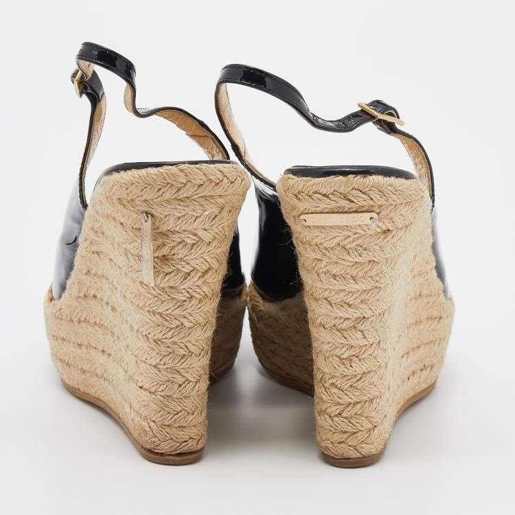 Pre Owned Jimmy Choo Black Patent Leather Polar Slingback Espadrille Wedge Sandals Size 38