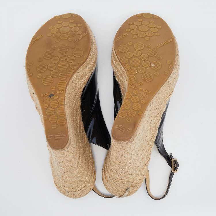 Pre Owned Jimmy Choo Black Patent Leather Polar Slingback Espadrille Wedge Sandals Size 38